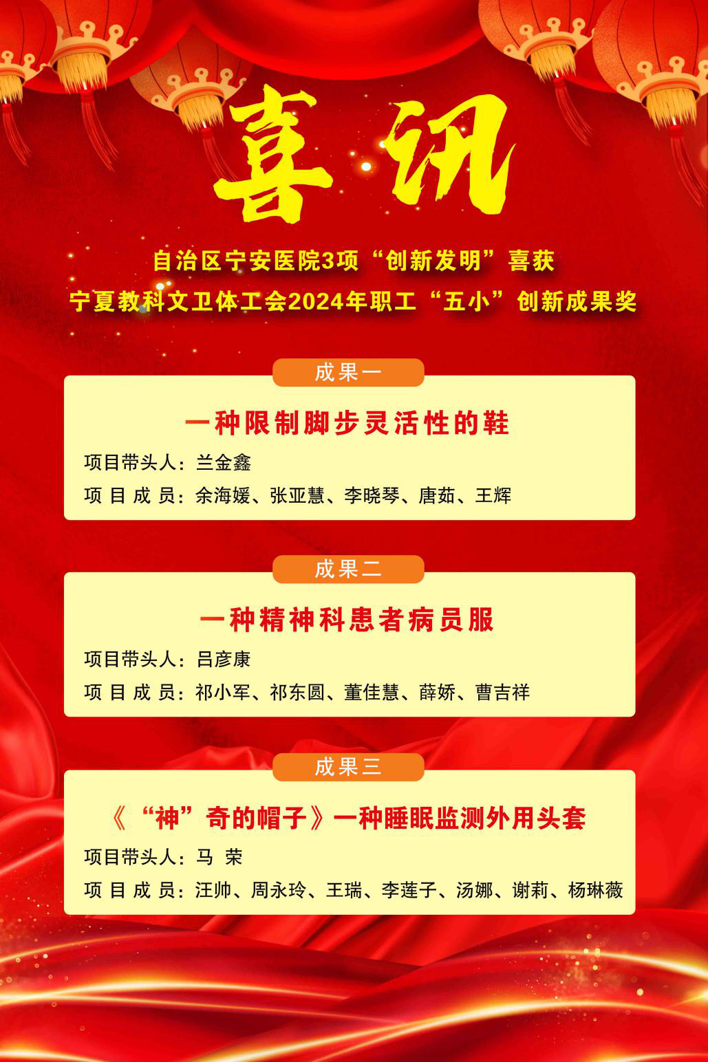 新葡亰8883ent3项“创新发明”喜获 宁夏教科文卫体工会 2024年职工“五小”创新成果奖